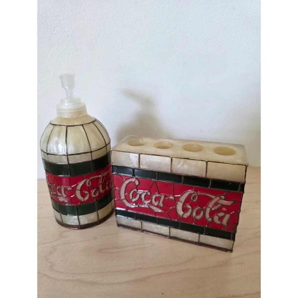 Vtg Coca-Cola Stained Glass Mosaic Style Soap Dispenser/Toothbrush Holder Set